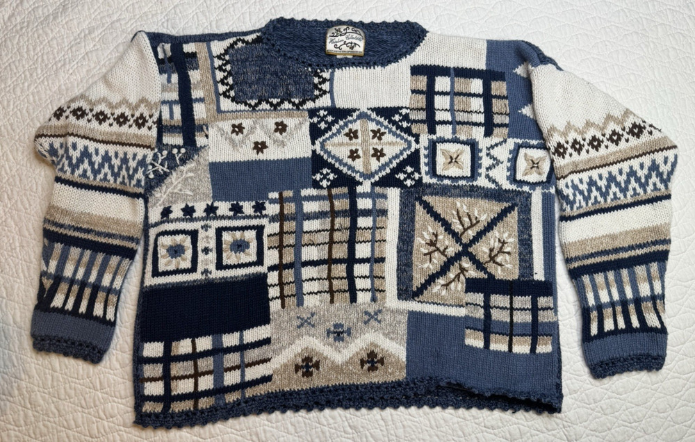 Vintage Heirloom Collectibles Sweater Womens L Blue Patchwork Chunky Cottage